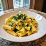 A close-up of Tasty Lemon Zucchini Rigatoni Pasta tossed in a creamy sauce and topped with fresh basil.