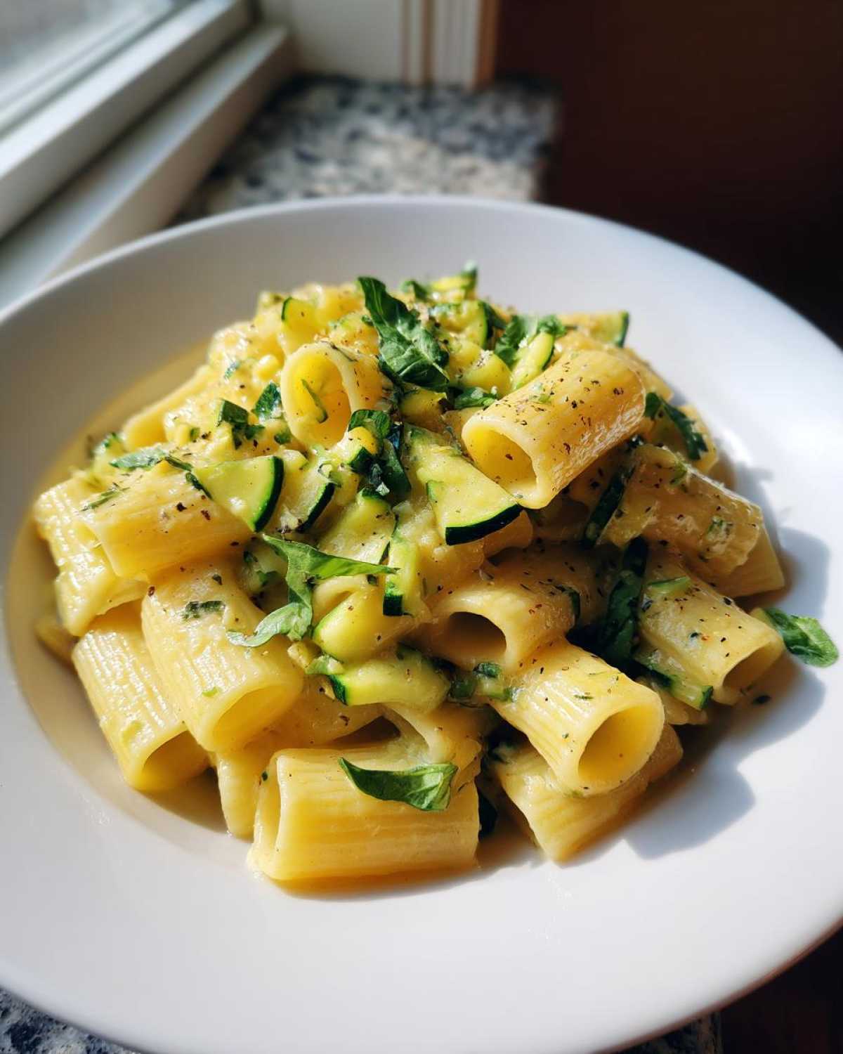 A close-up of a white bowl filled with Tasty Lemon Zucchini Rigatoni Pasta, featuring thick pasta tubes and bright green zucchini slices.