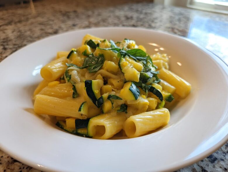 A close-up of a white bowl filled with Tasty Lemon Zucchini Rigatoni Pasta, featuring yellow sauce, green zucchini chunks, and basil.