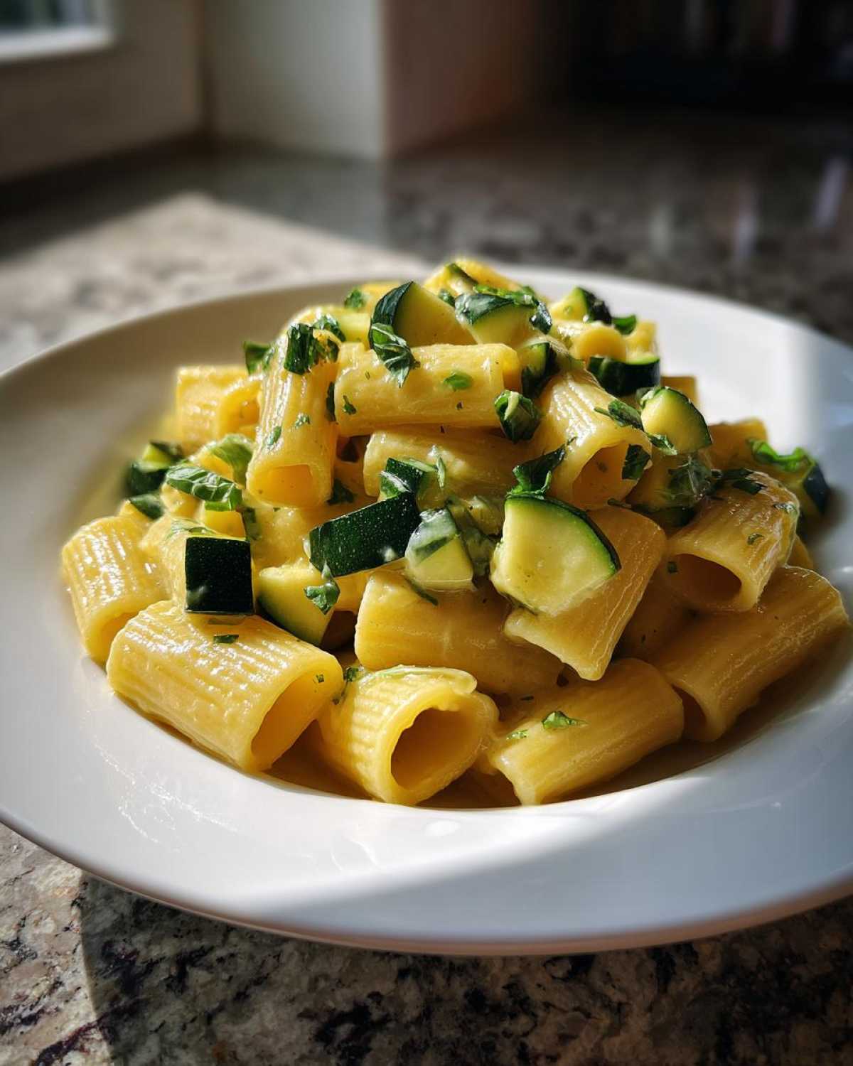 A close-up of a white bowl filled with Tasty Lemon Zucchini Rigatoni Pasta, featuring creamy sauce and chunks of green zucchini.