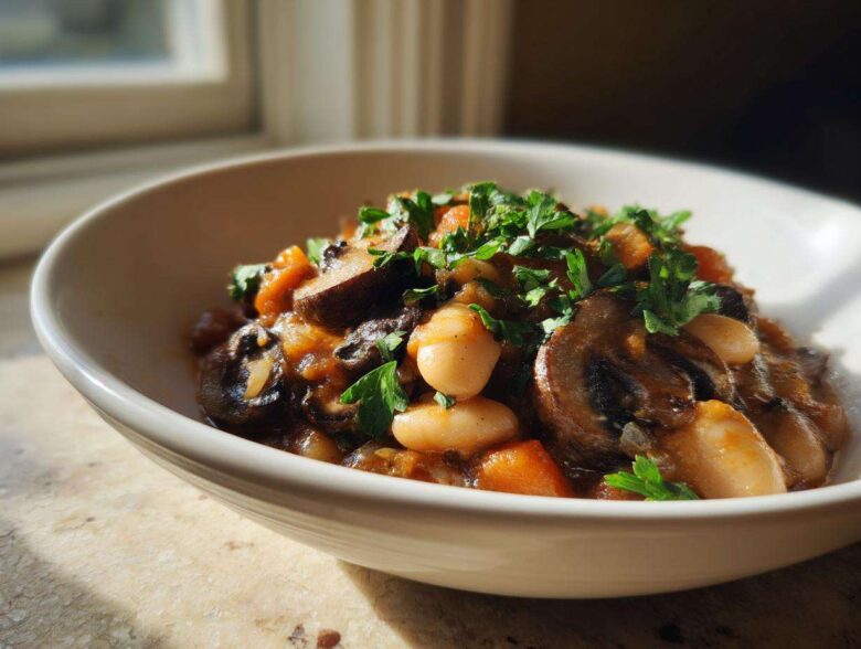 A close-up of a bowl of Warm Vegan Stew with White Beans and Mushrooms, topped with fresh parsley.