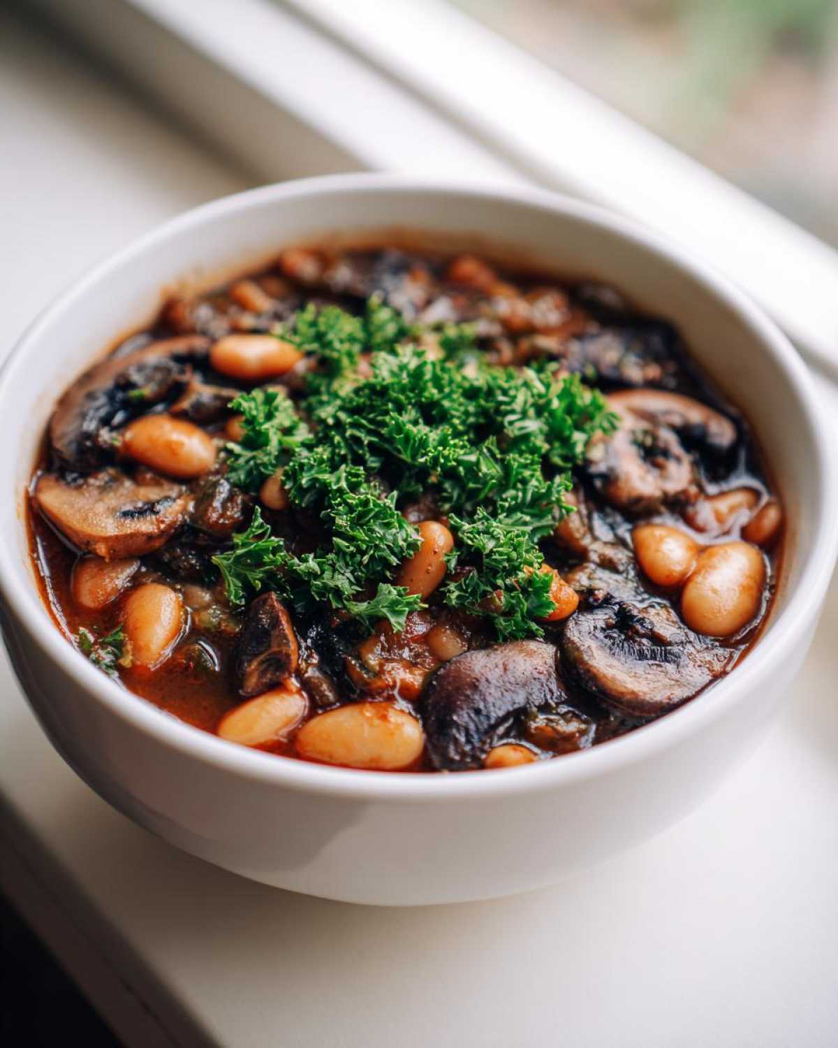 Close-up of a white bowl filled with Warm Vegan Stew with White Beans and Mushrooms, topped with fresh parsley.