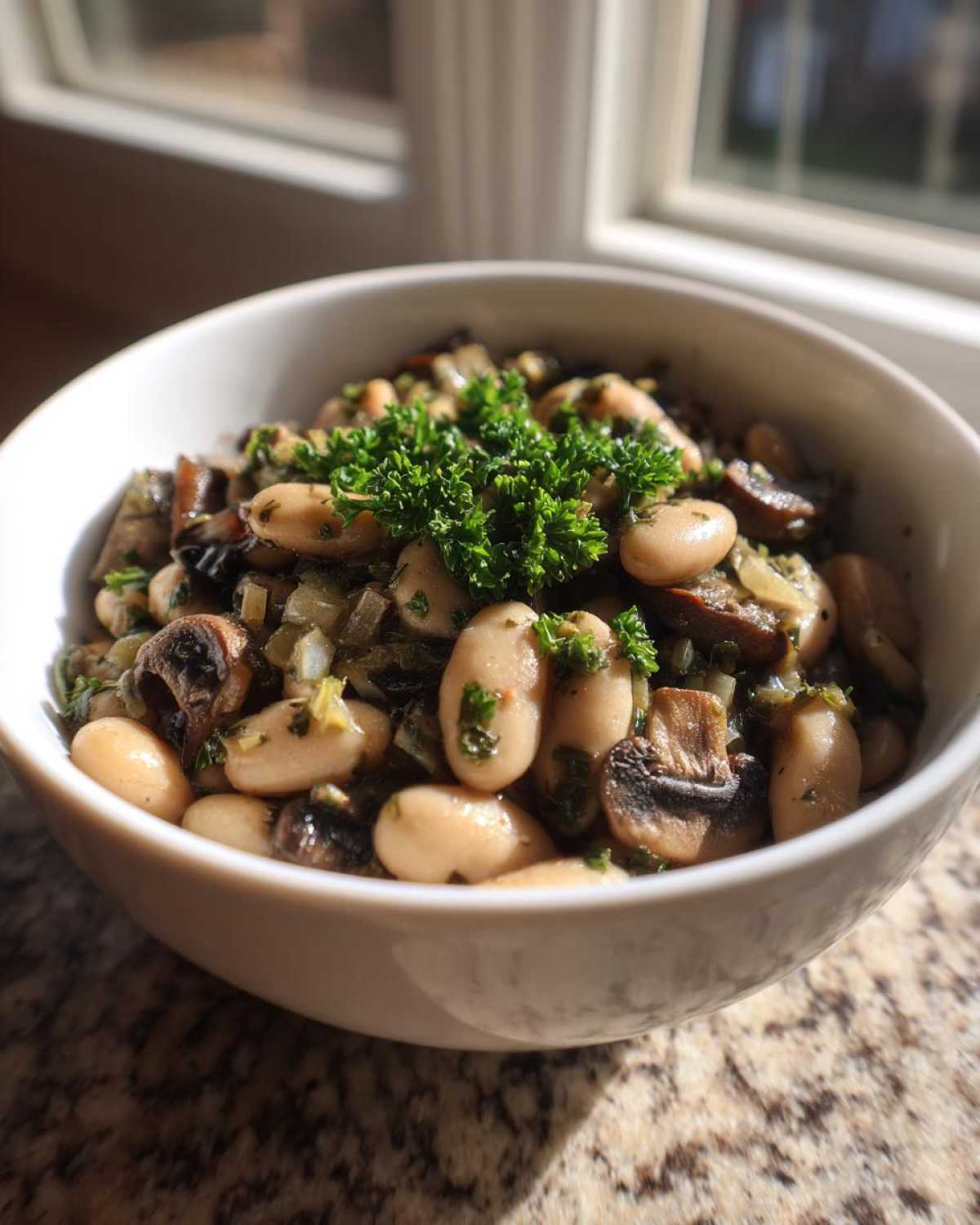 A close-up of a white bowl filled with Warm Vegan Stew with White Beans and Mushrooms, garnished with fresh parsley.